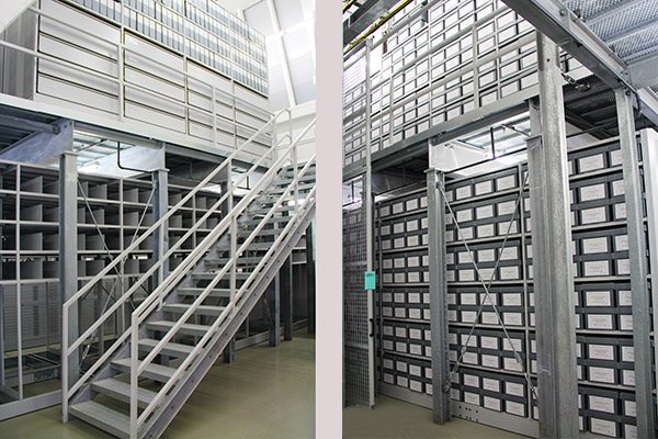 Instalação de estantes em dois pisos no Arquivo Municipal de Augsburg